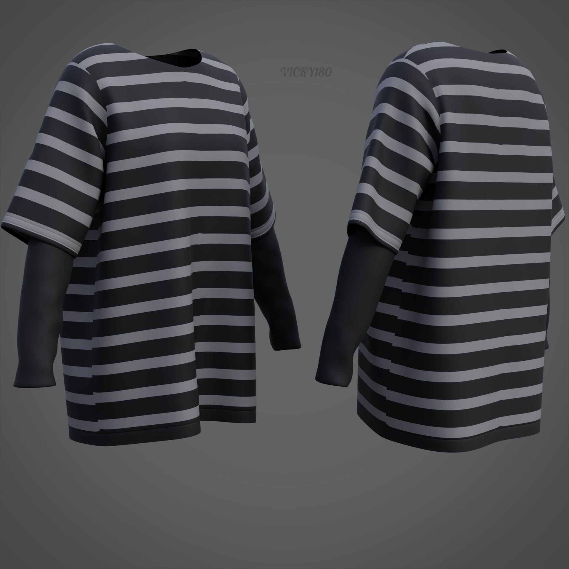 Harajuku Stripe T-Shirt Oversized Long Sleeves Goth Grunge Shirt Low-poly 3D model_21