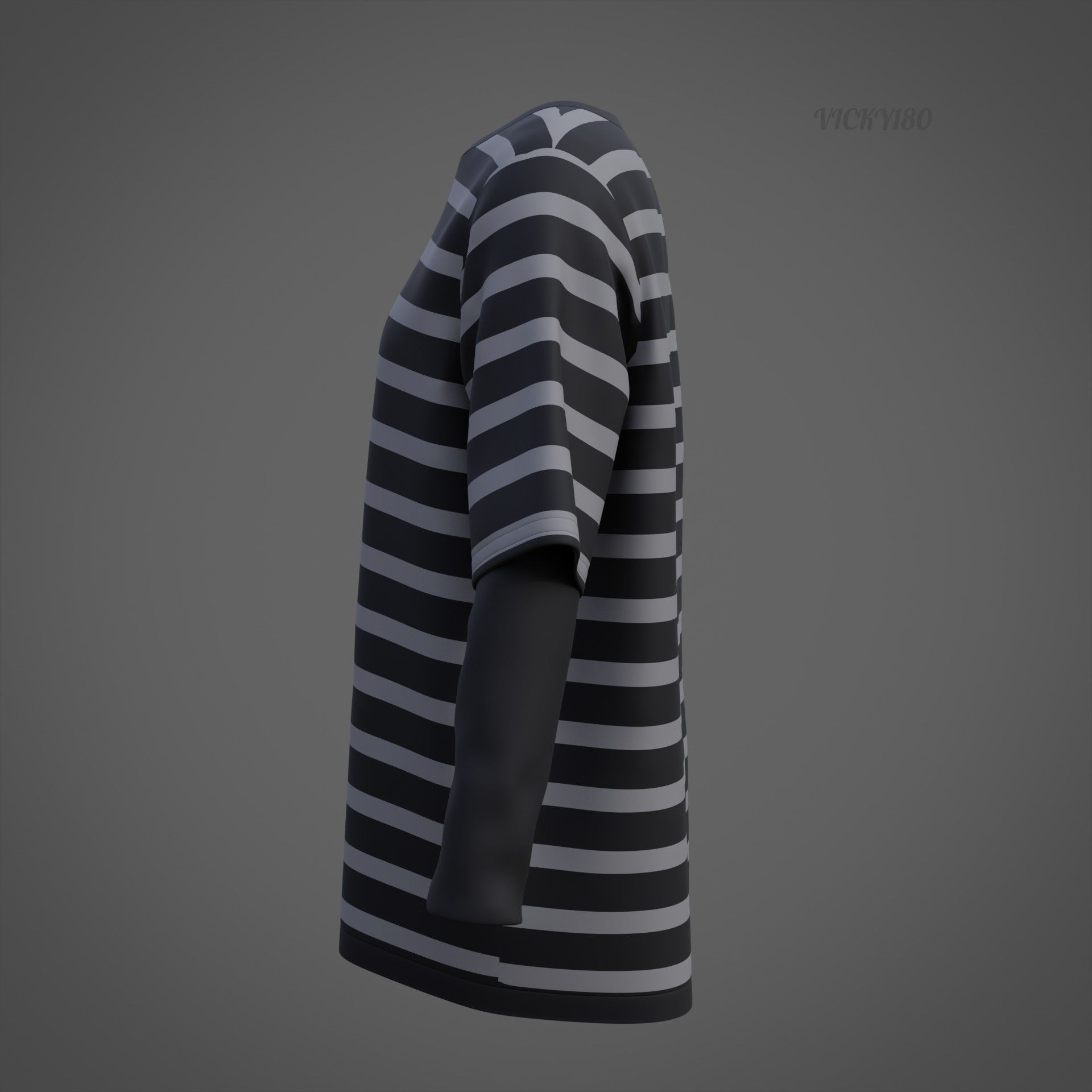 Harajuku Stripe T-Shirt Oversized Long Sleeves Goth Grunge Shirt Low-poly 3D model_30