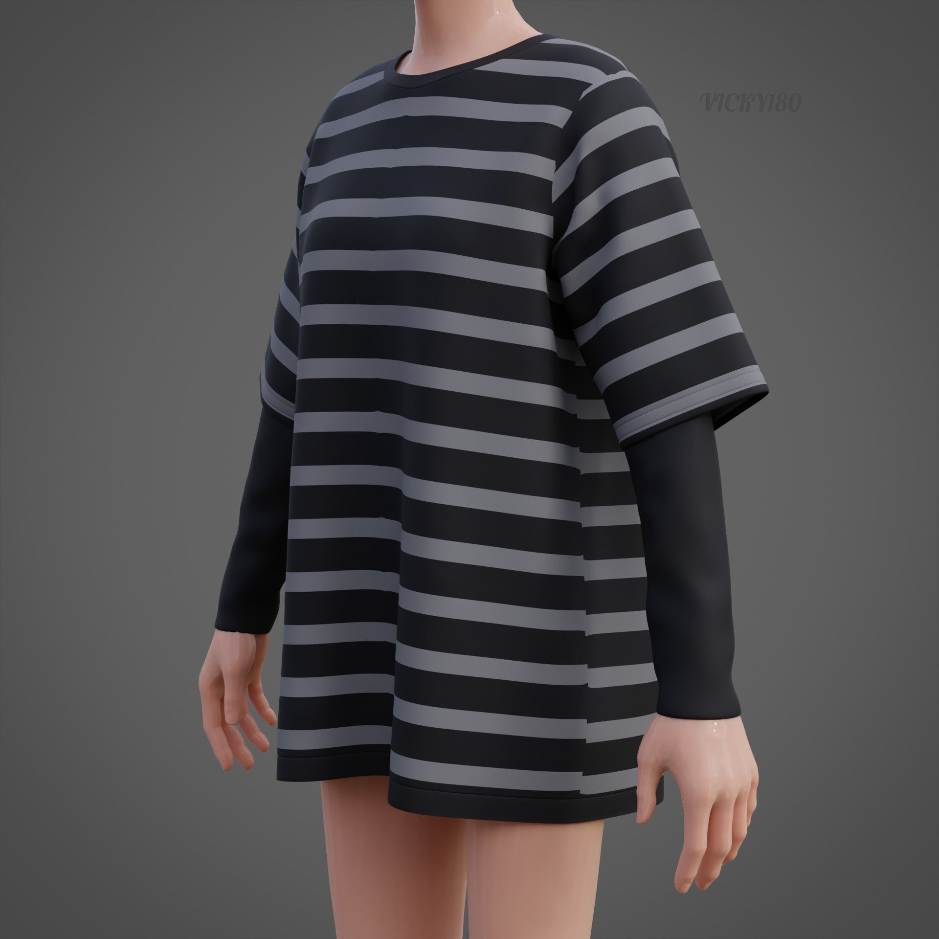Harajuku Stripe T-Shirt Oversized Long Sleeves Goth Grunge Shirt Low-poly 3D model_14