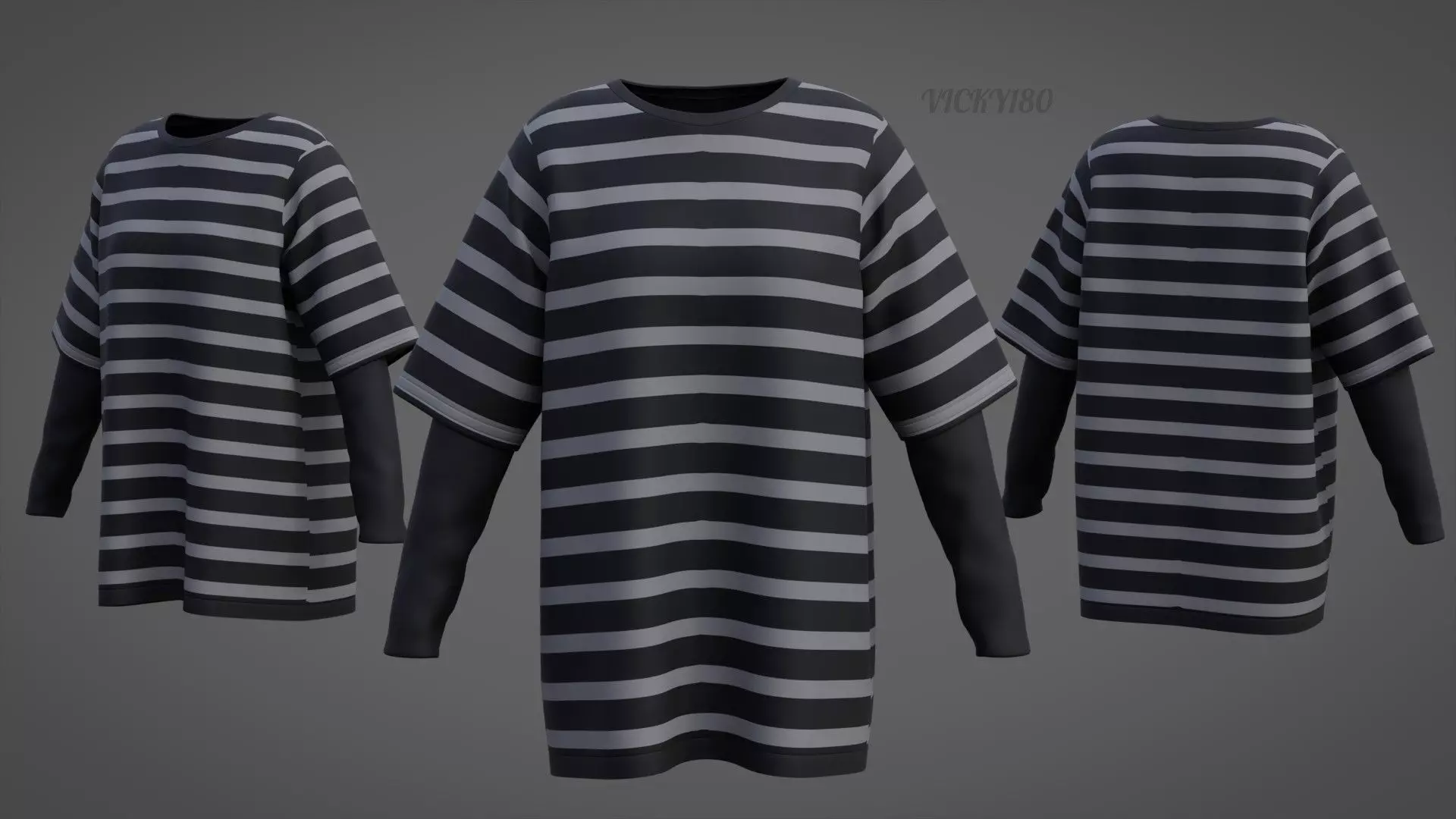 Harajuku Stripe T-Shirt Oversized Long Sleeves Goth Grunge Shirt Low-poly 3D model_0