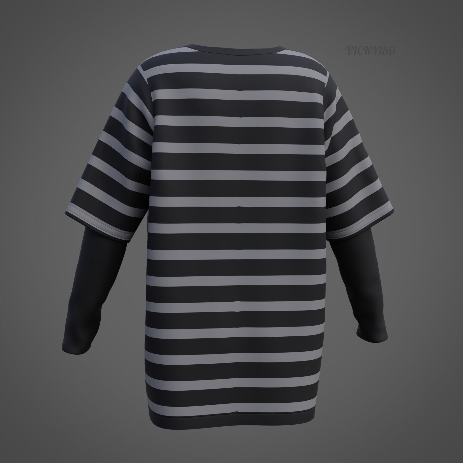 Harajuku Stripe T-Shirt Oversized Long Sleeves Goth Grunge Shirt Low-poly 3D model_28
