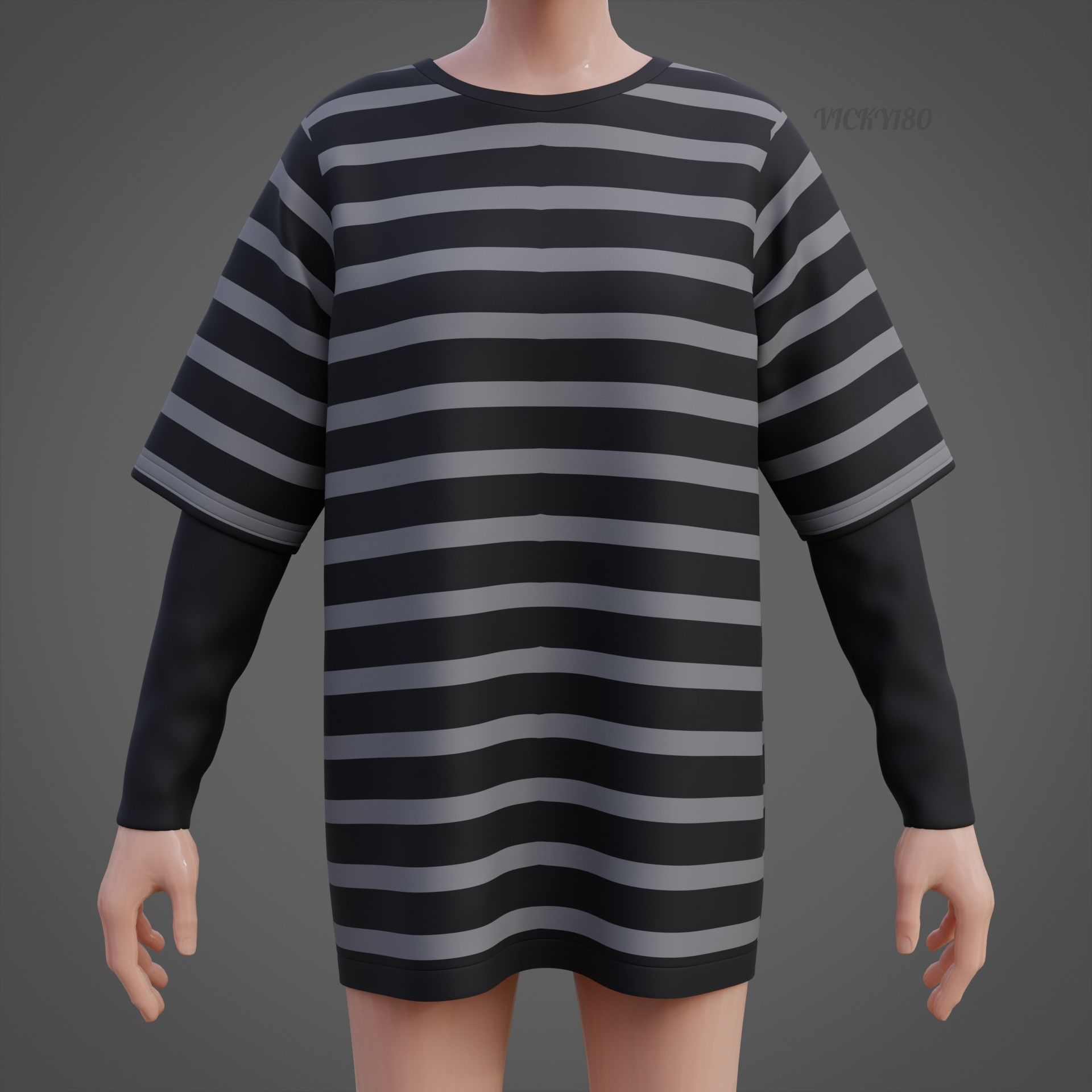 Harajuku Stripe T-Shirt Oversized Long Sleeves Goth Grunge Shirt Low-poly 3D model_10
