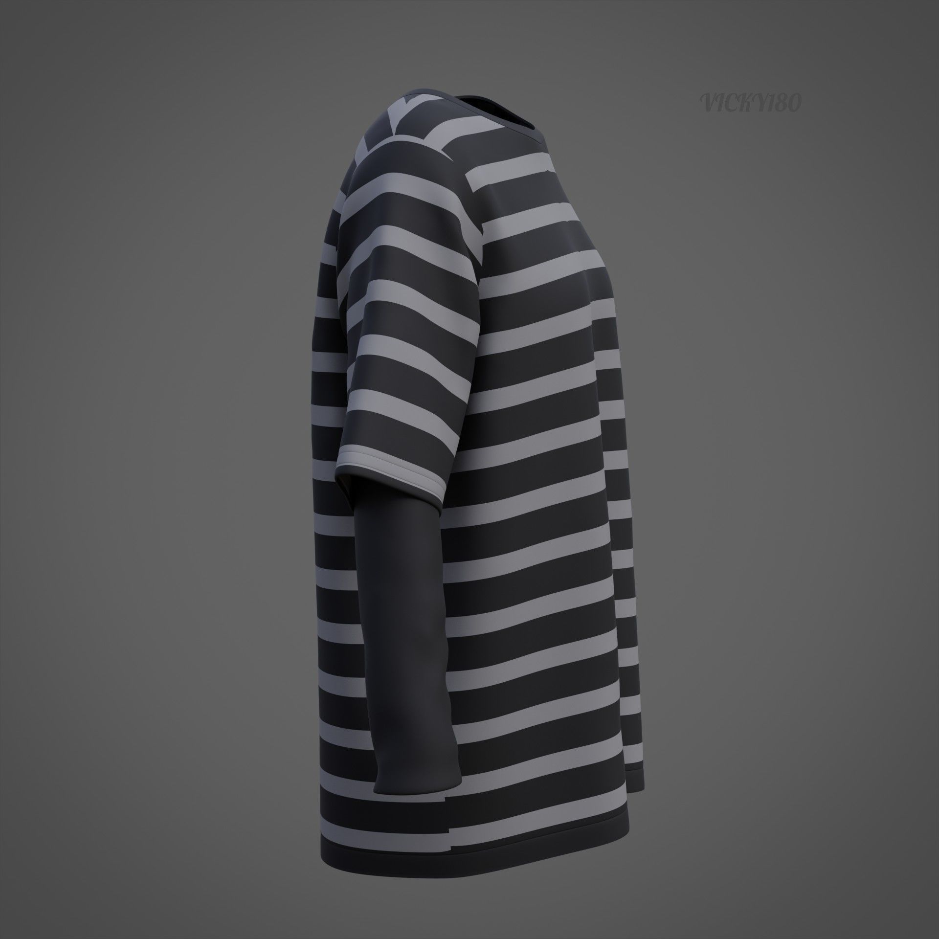 Harajuku Stripe T-Shirt Oversized Long Sleeves Goth Grunge Shirt Low-poly 3D model_25
