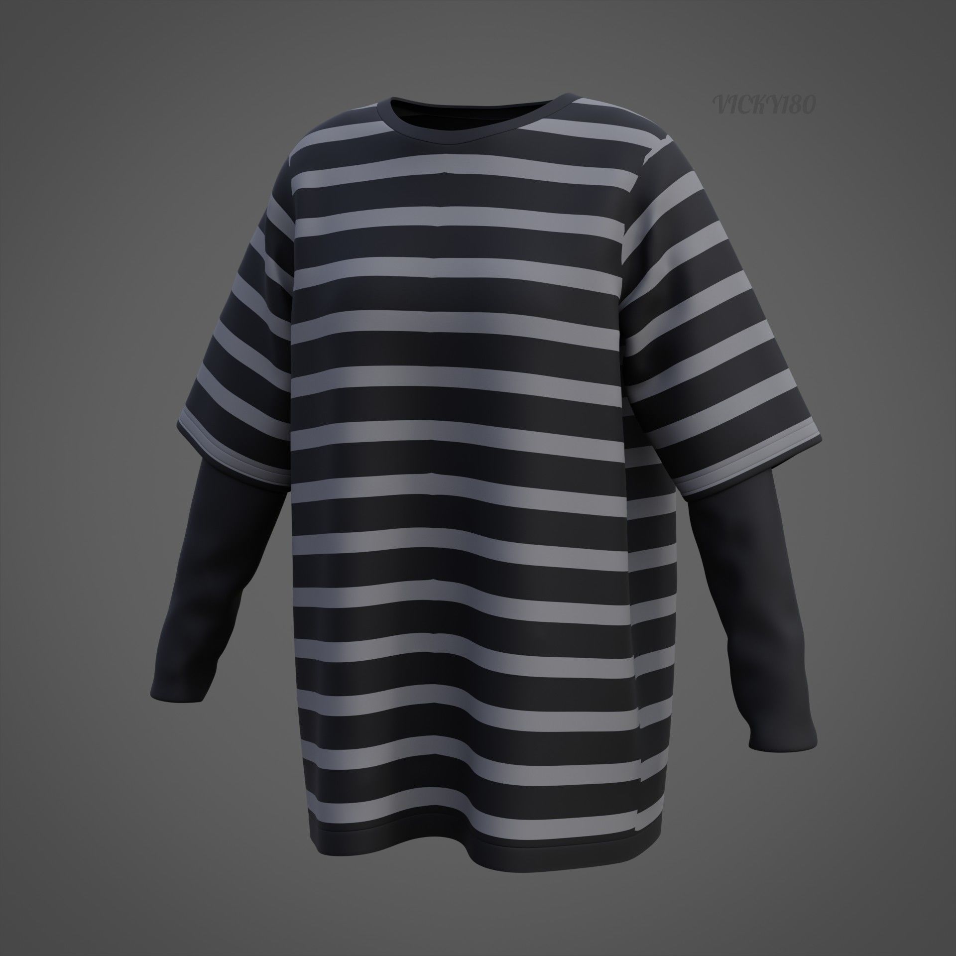 Harajuku Stripe T-Shirt Oversized Long Sleeves Goth Grunge Shirt Low-poly 3D model_32