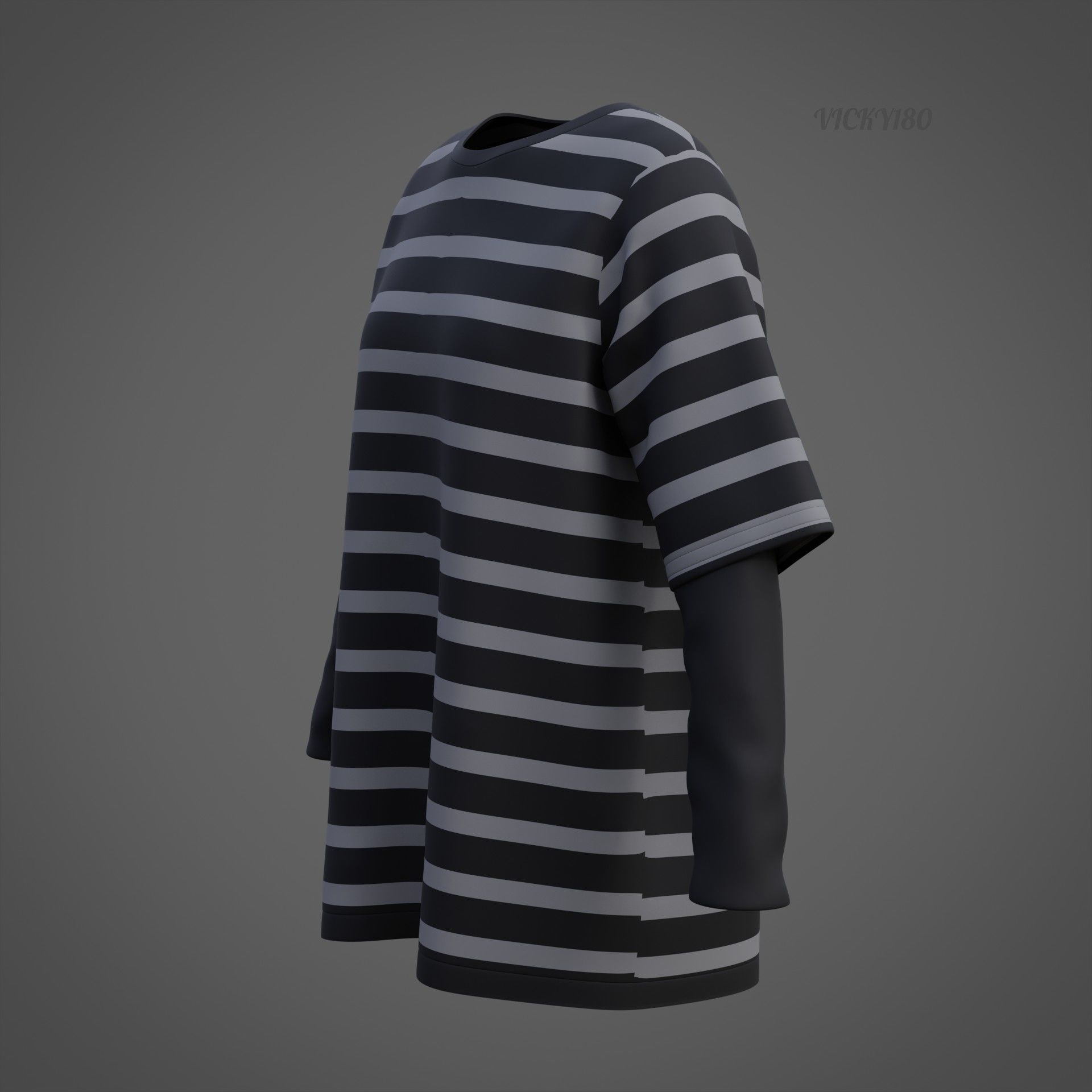 Harajuku Stripe T-Shirt Oversized Long Sleeves Goth Grunge Shirt Low-poly 3D model_31