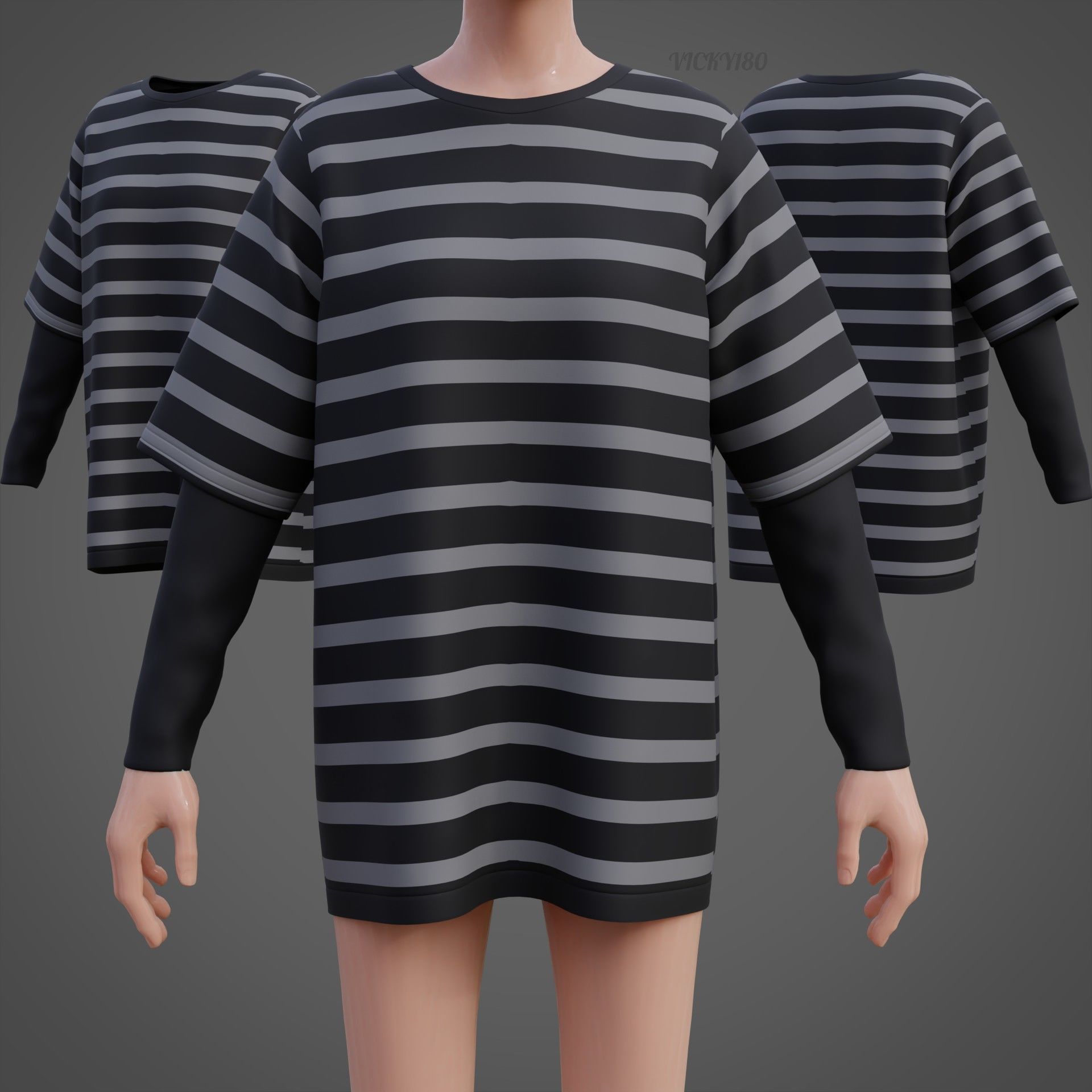 Harajuku Stripe T-Shirt Oversized Long Sleeves Goth Grunge Shirt Low-poly 3D model_22