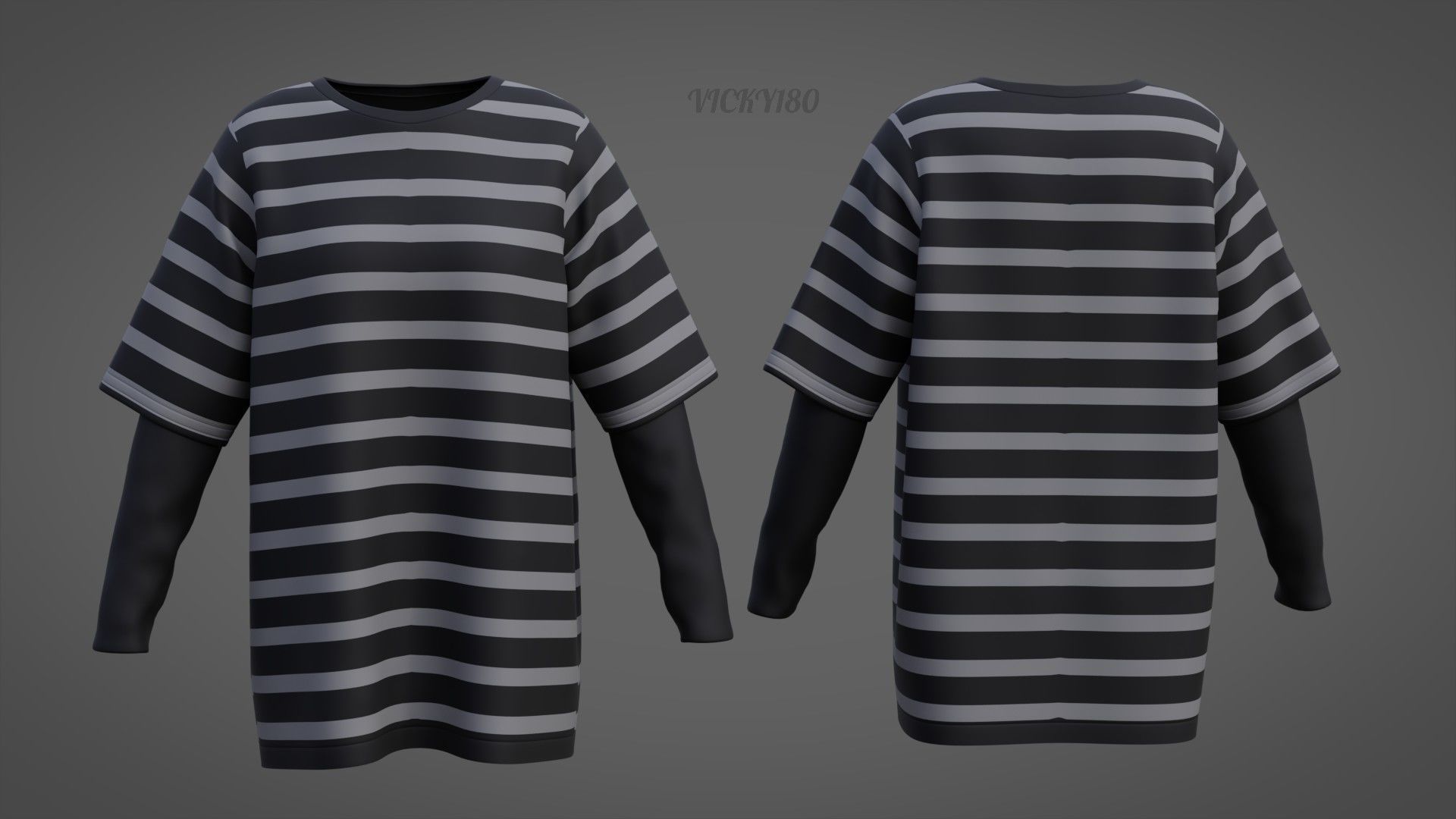 Harajuku Stripe T-Shirt Oversized Long Sleeves Goth Grunge Shirt Low-poly 3D model_34