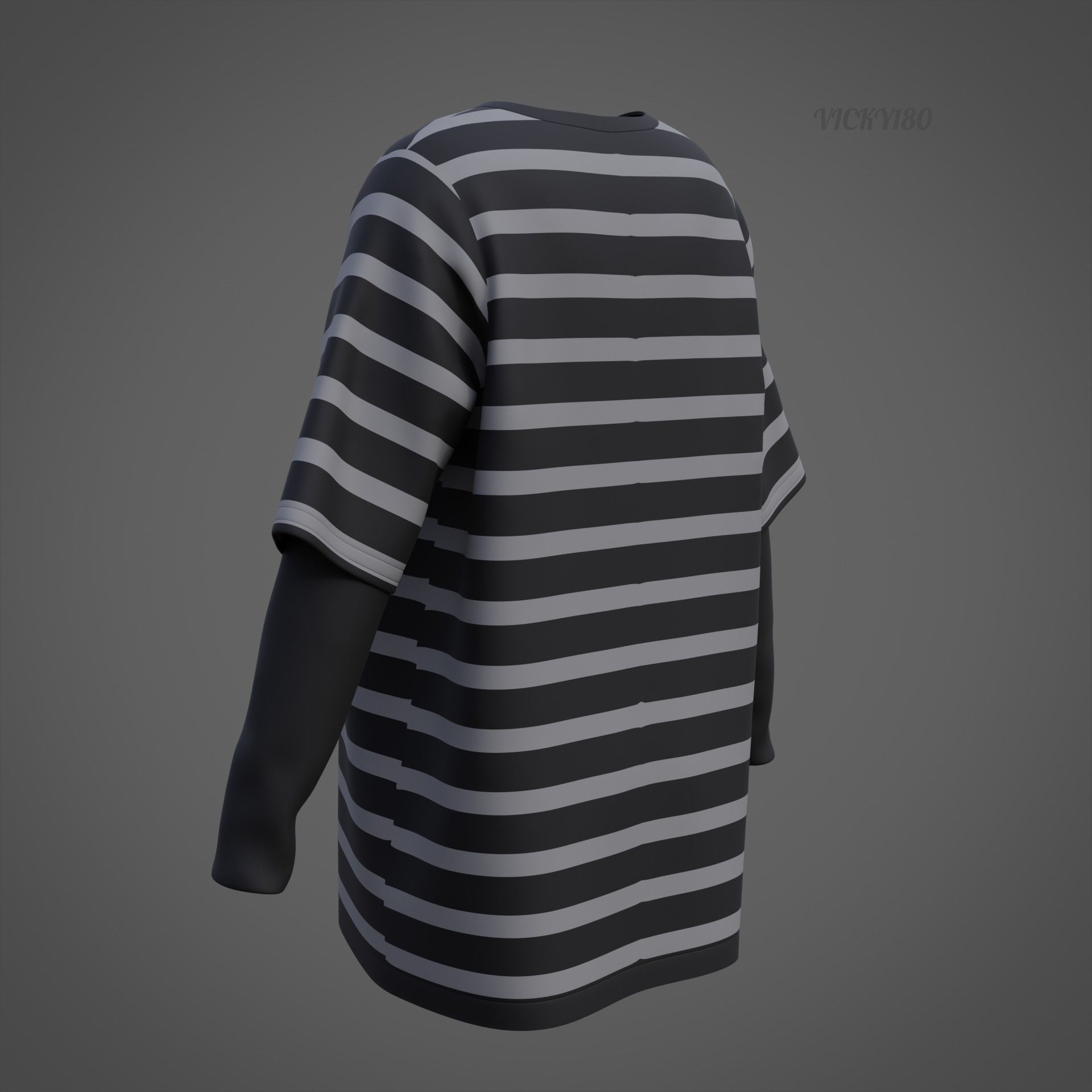Harajuku Stripe T-Shirt Oversized Long Sleeves Goth Grunge Shirt Low-poly 3D model_29