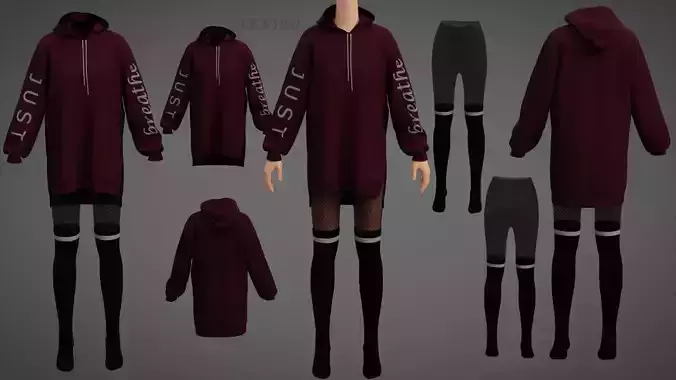 Oversized hoodie fit fishnet tights thigh high socks Goth outfit 3D model