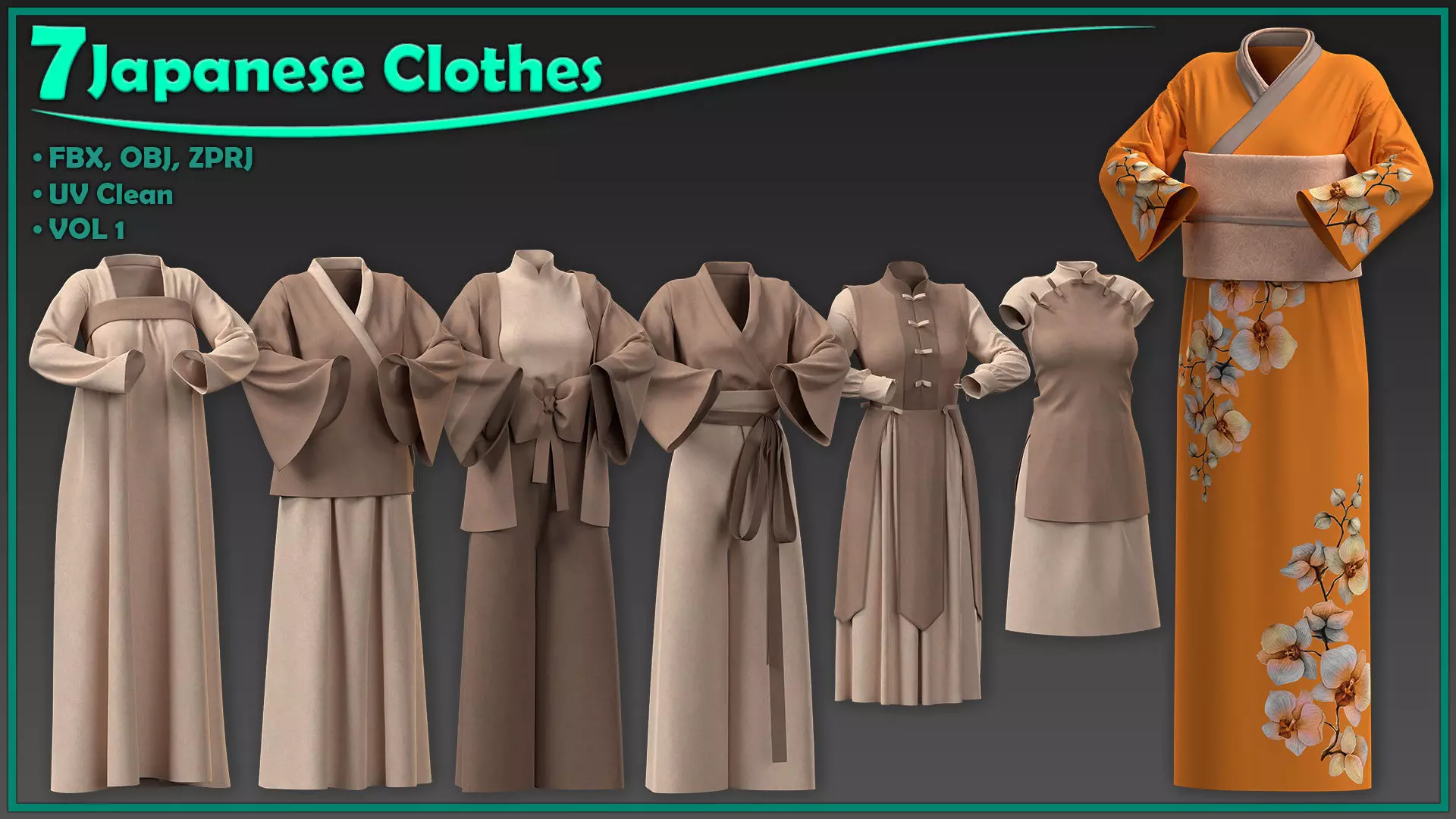 7 female Japanese clothes 3D model_0