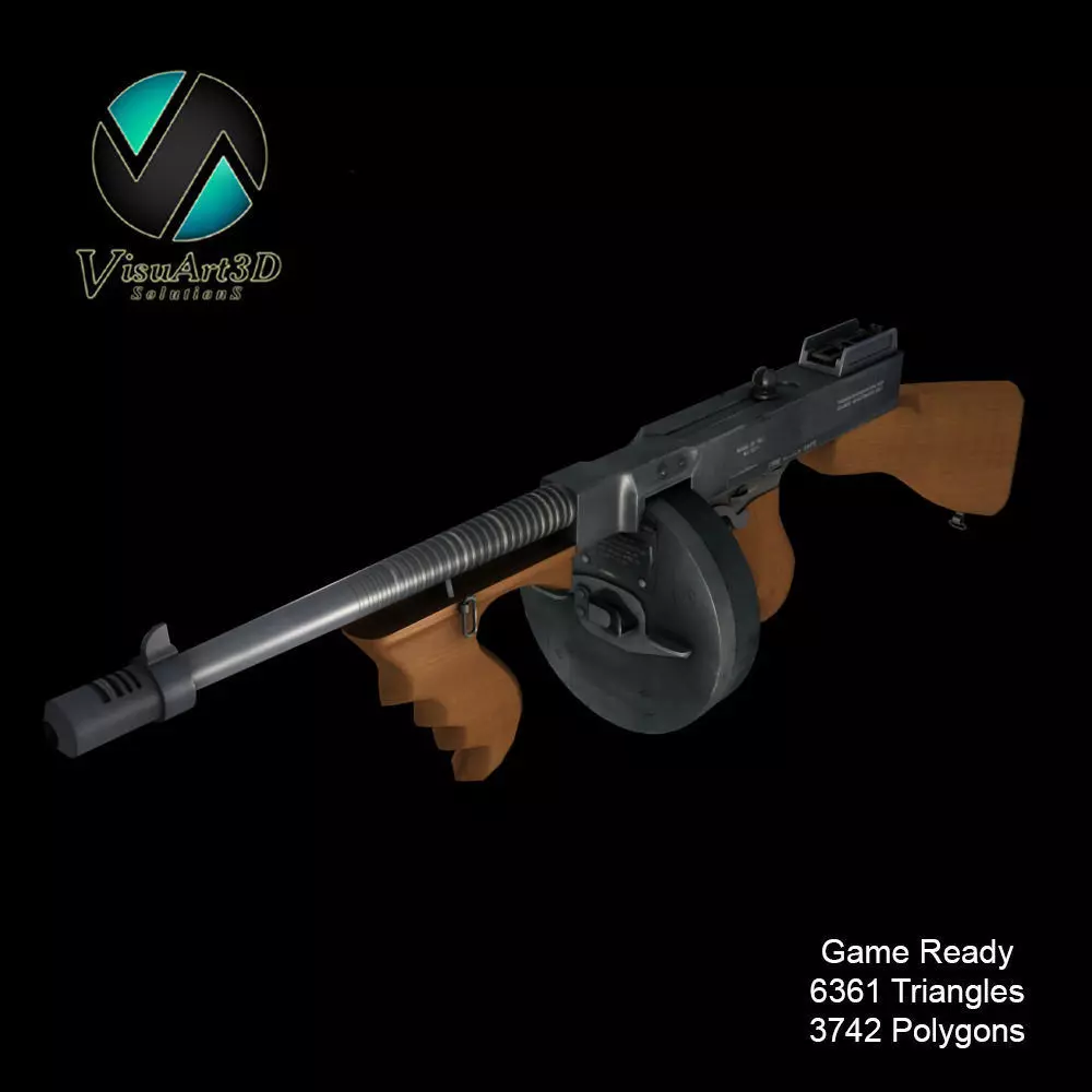 Tommy Gun Submachinegun Low-poly 3D model_0