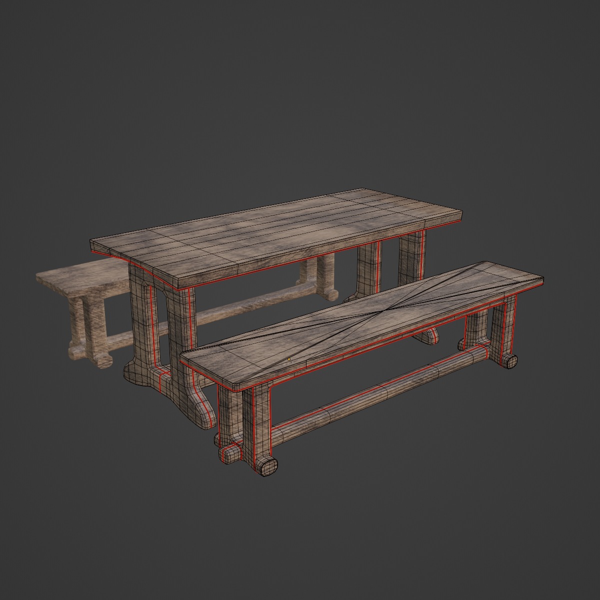 Medieval Wooden Table and Bench 02 Low-poly 3D model_7