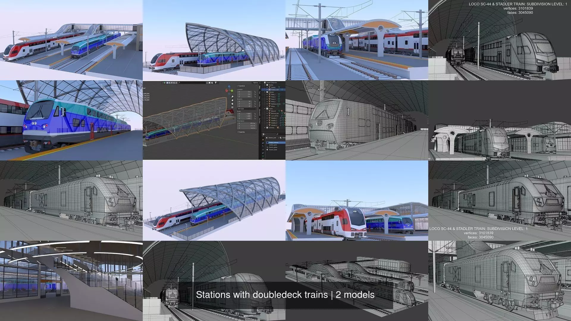 Stations with doubledeck trains 3D Model Collection_1