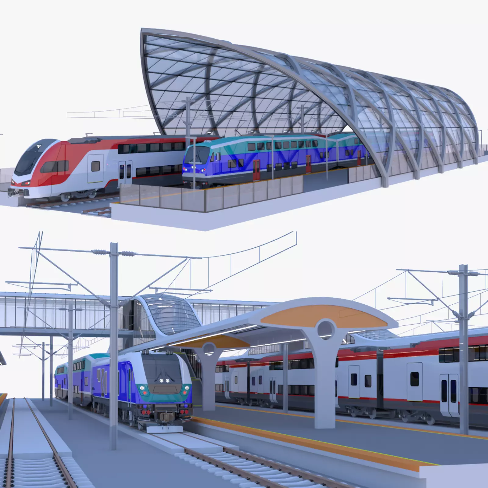 Stations with doubledeck trains 3D Model Collection_0