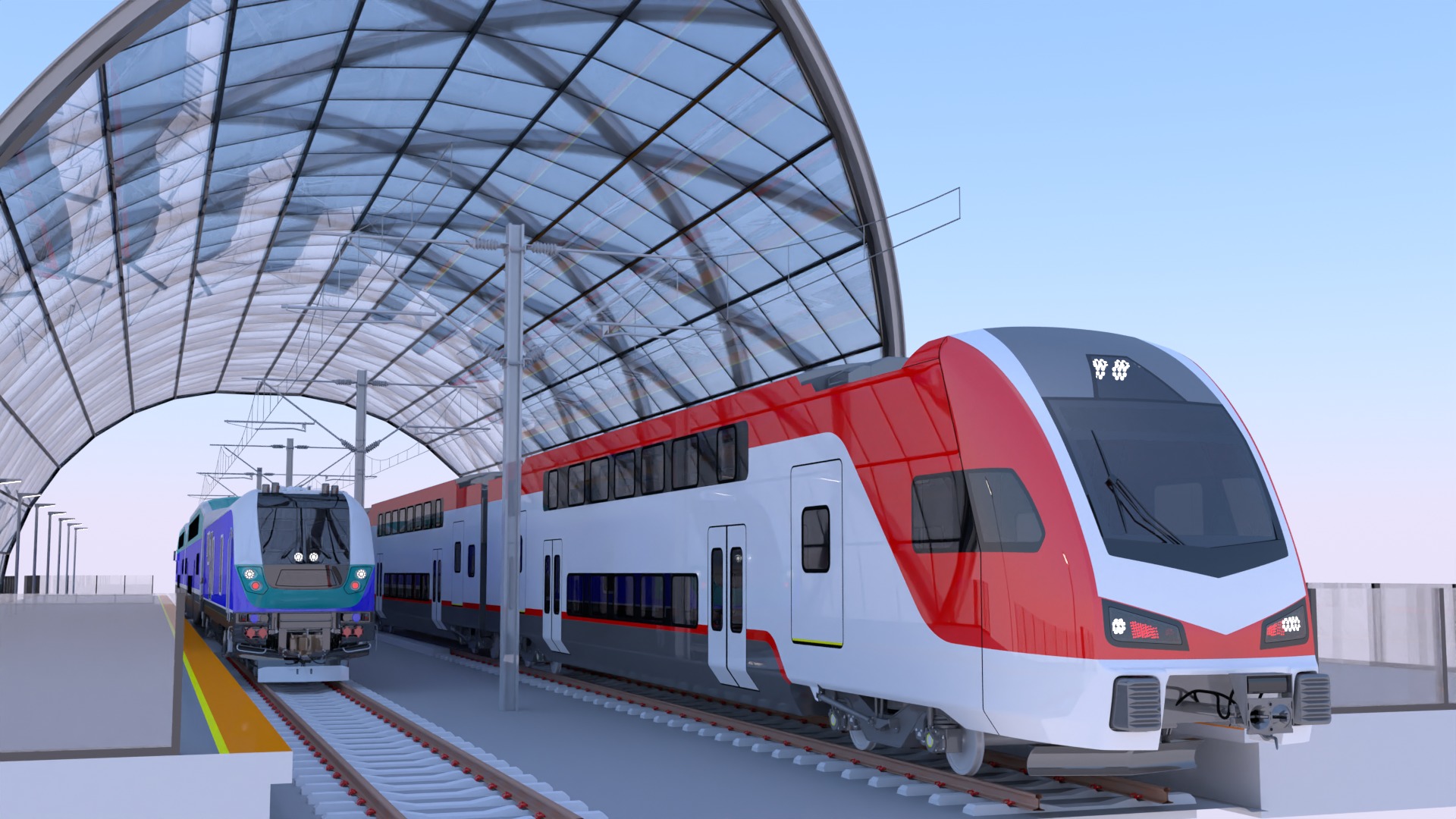 Stations with doubledeck trains 3D Model Collection_4