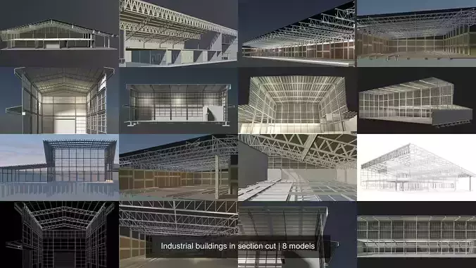 Industrial buildings in section cut set 01 3D Model Collection
