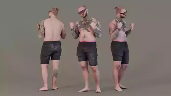 Tattooed Confidence in Black Denim Shorts 3D model