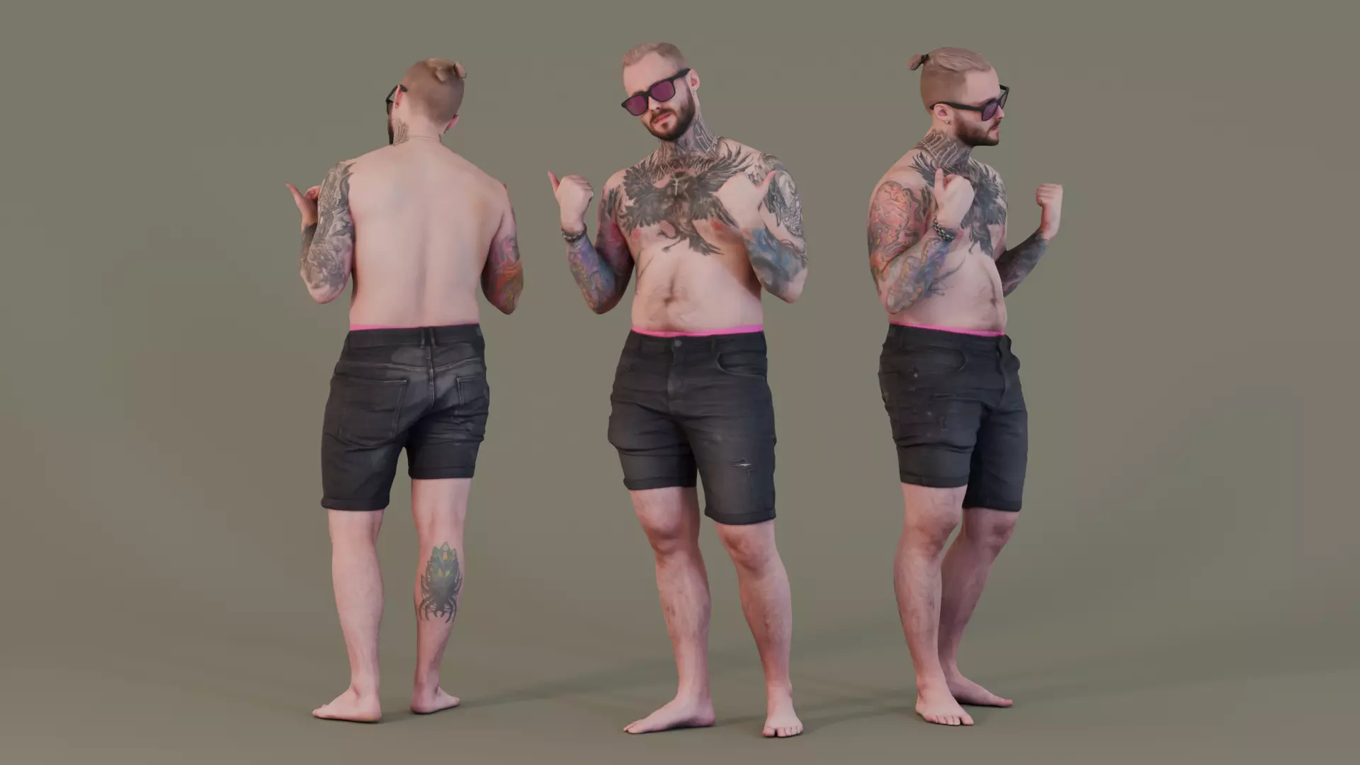 Tattooed Confidence in Black Denim Shorts 3D model_0