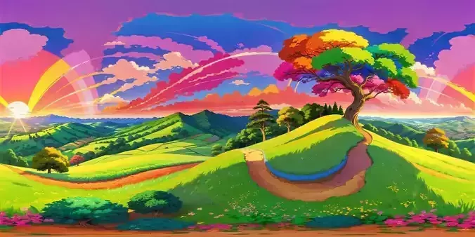 8K HDR Rainbow Over Rolling Hills Whimsical Trees