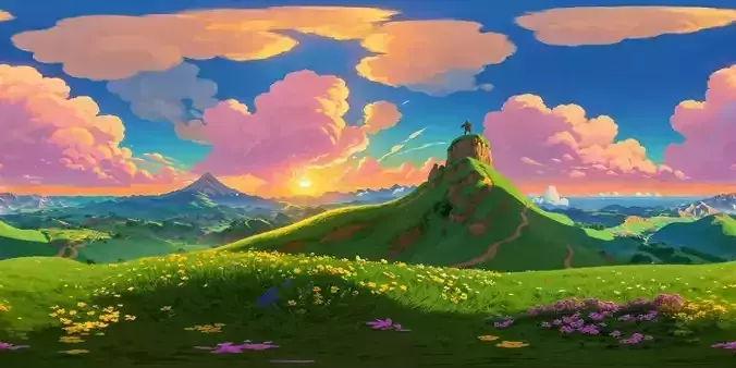 8K HDR Verdant Hills Wildflowers Radiant Sun