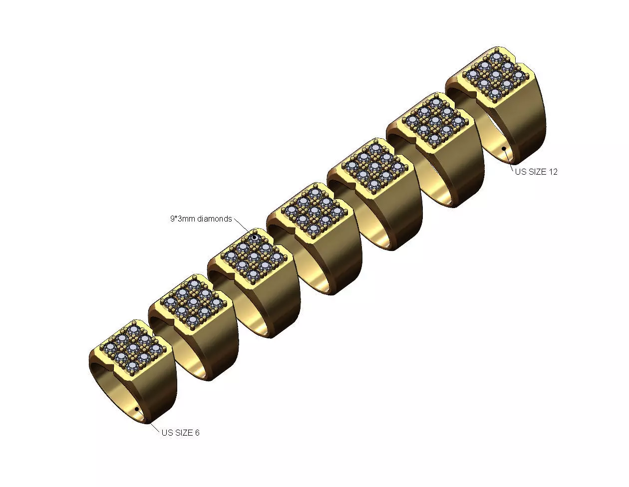 Iced square carved diamond signet ring Us sizes 6to12 3D print model_0