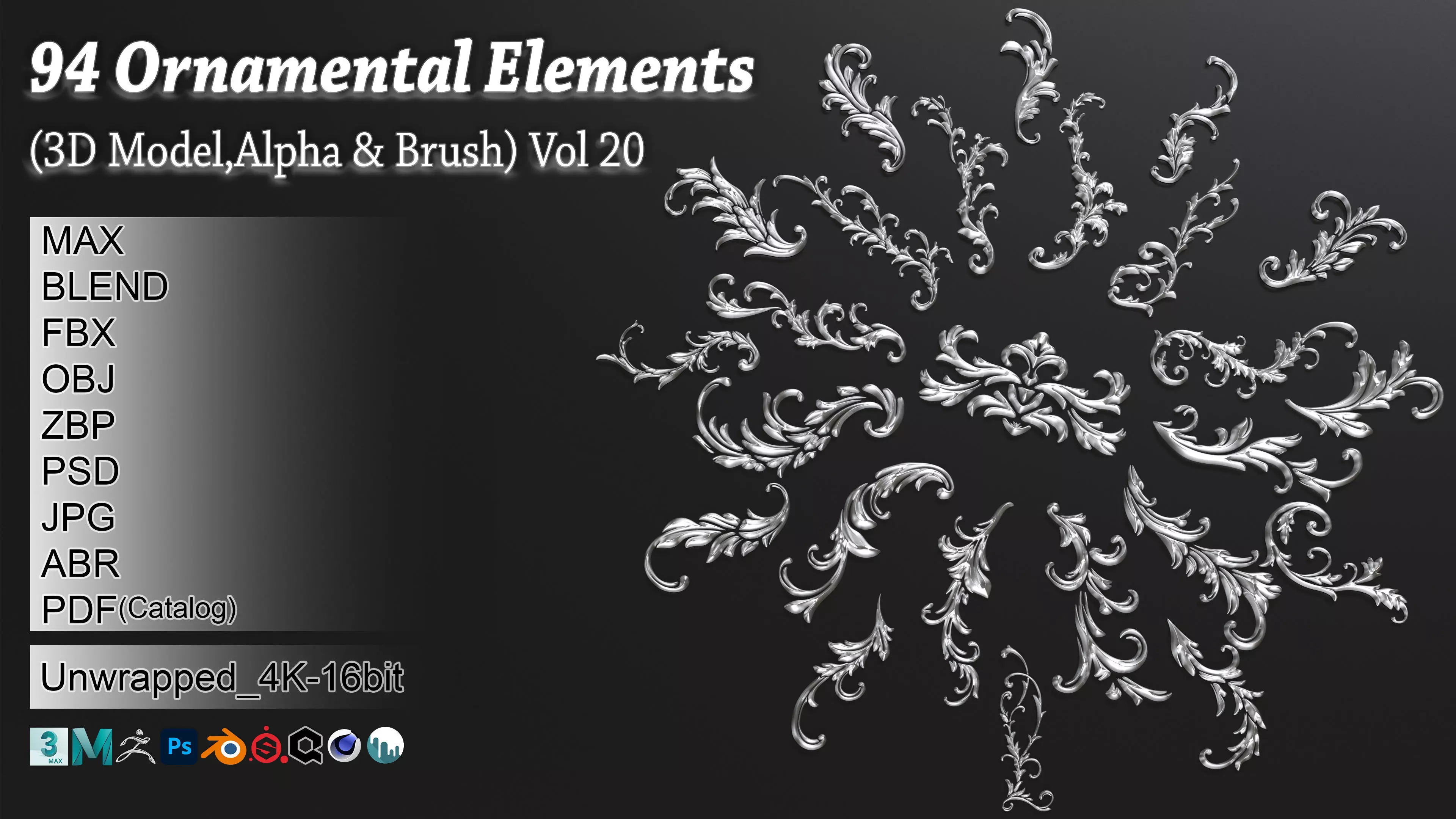 94 Ornamental Elements Brush  Alpha  3D Model Vol 20 Low-poly 3D model_0
