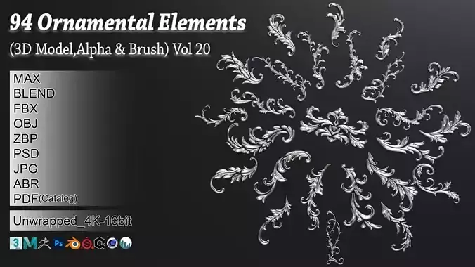 94 Ornamental Elements Brush  Alpha  3D Model Vol 20