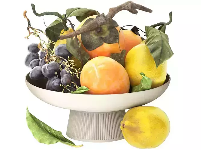 Bowl of tropical Persimmon grapes and lemons fruits