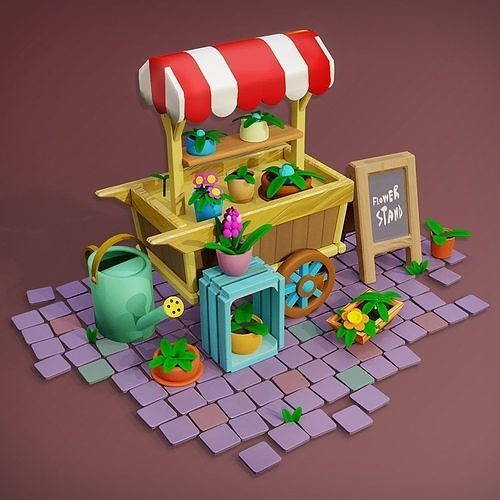 Stylized diorama of Flower Stand Low-poly 3D model