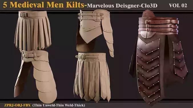5 Medieval Men Kilts-MD-Clo3D-ZPRJ-FBX-OBJ