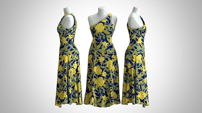 Woman Dress 2 Yellow Blue Floral 3D model