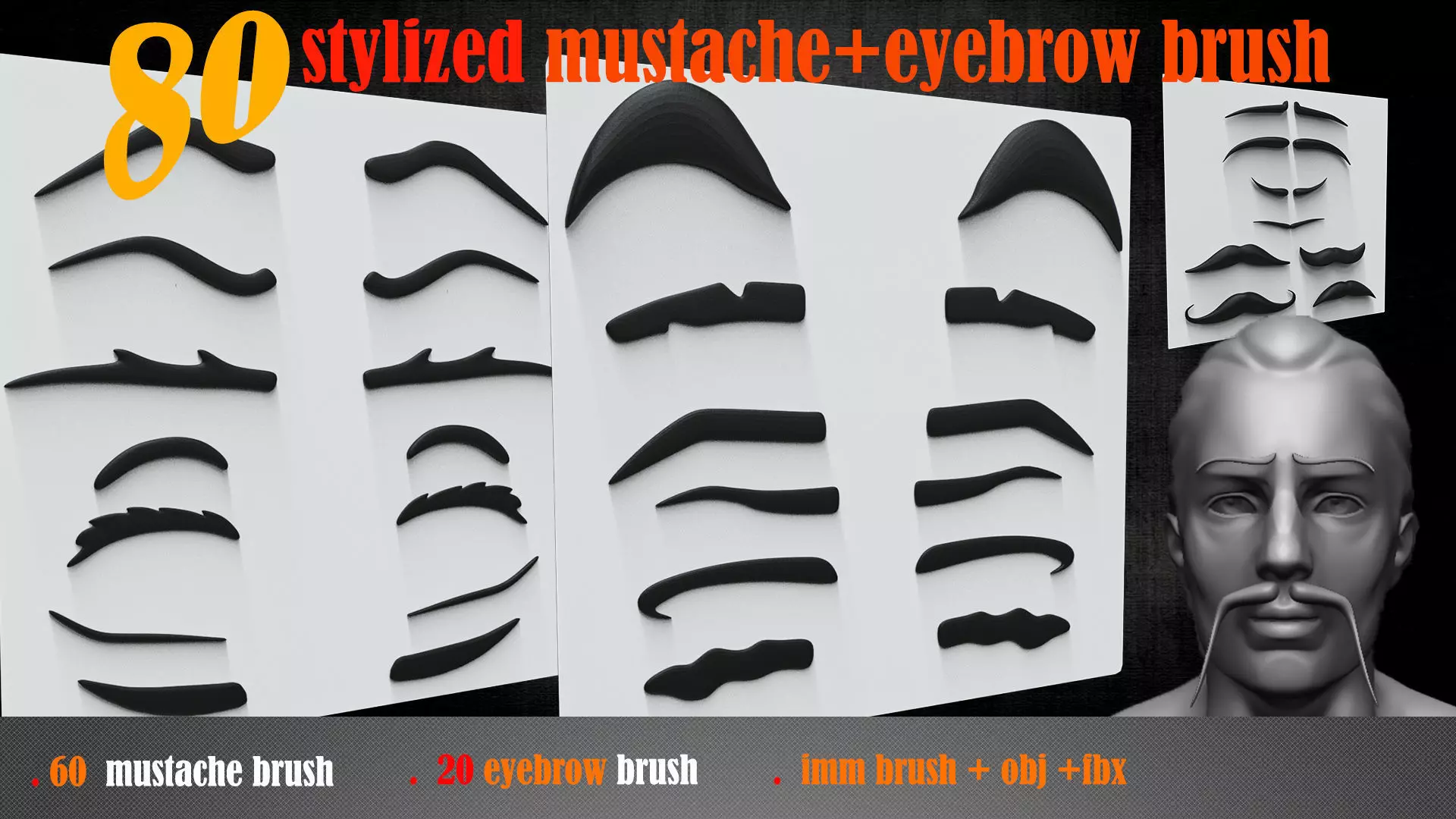 80 stylized mustache eyebrow brush and 3dmodel 3D model