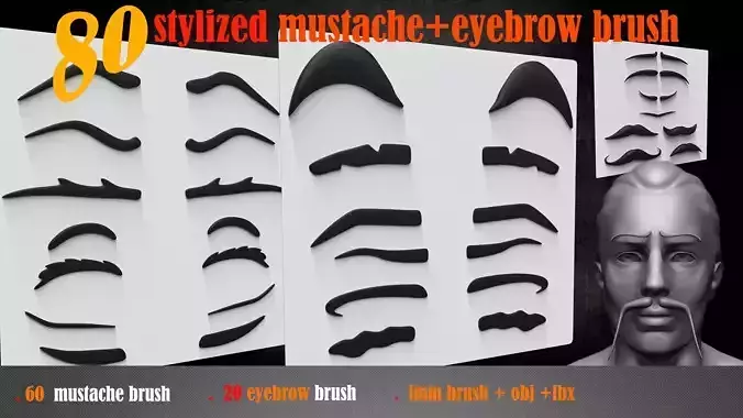 80 stylized mustache eyebrow brush and 3dmodel
