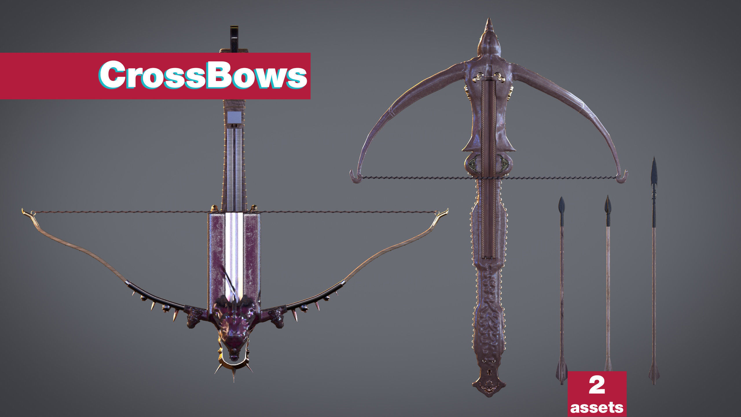 PBR Medieval Arrows Bows Crossbows Pack - 57 Assets 3D model_5