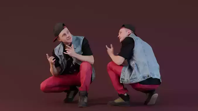 Street Style Squat with Denim and Red Pants