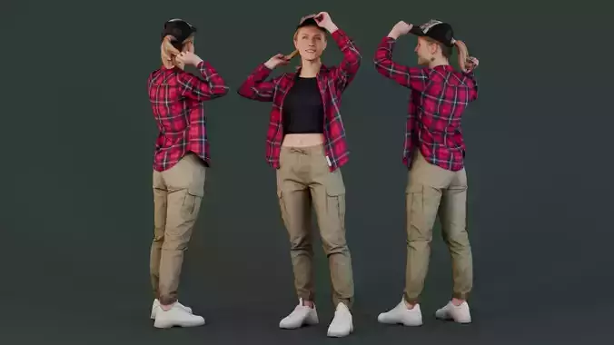 Optimistic Explorer - Woman in Plaid Shirt and Cap 3D model