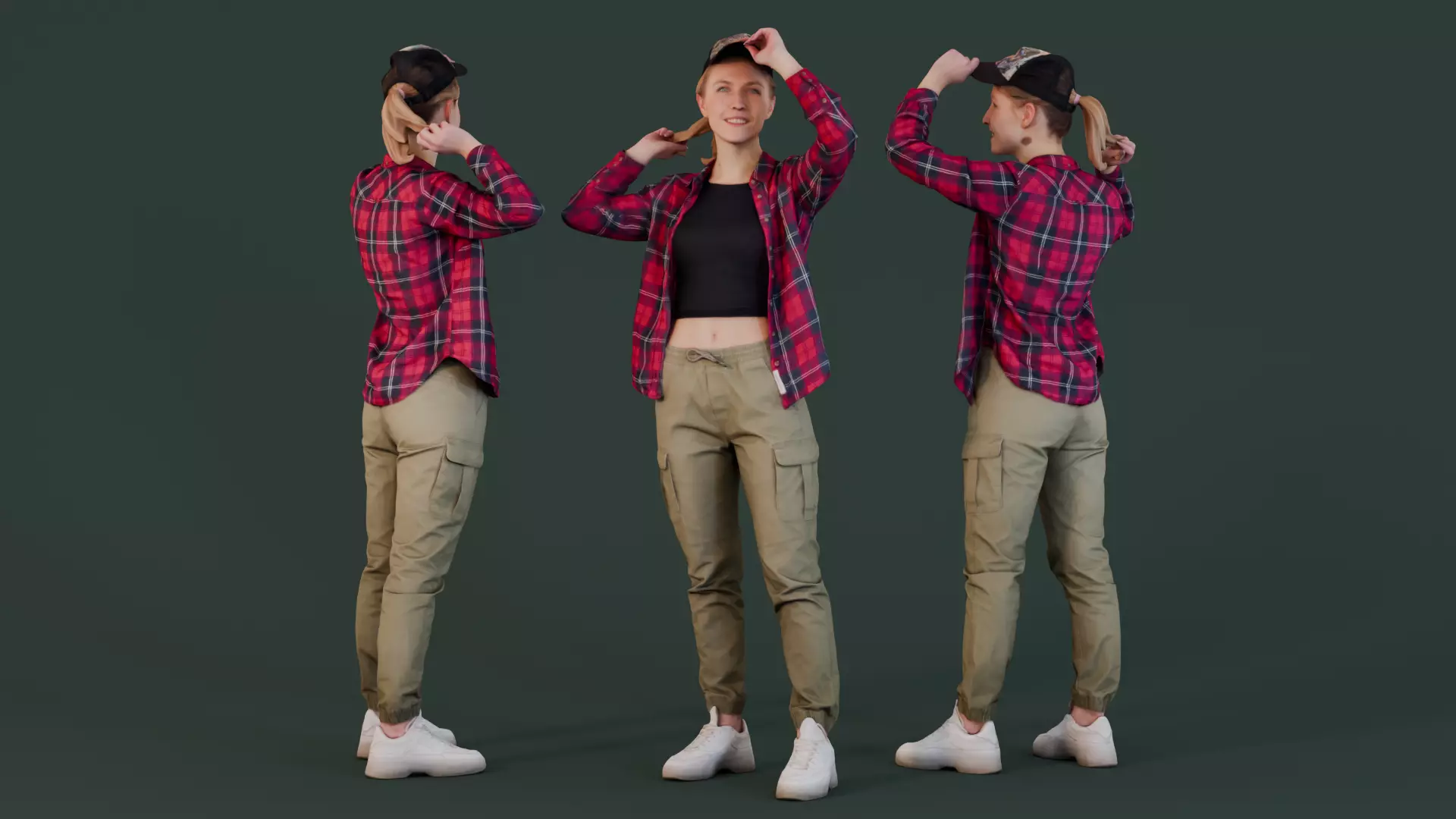 Optimistic Explorer - Woman in Plaid Shirt and Cap 3D model_0