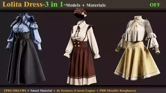 3 in 1 Lolita Dress-MD-Clo3d-OBJ-FBX -Smart Material-Textures 3D model