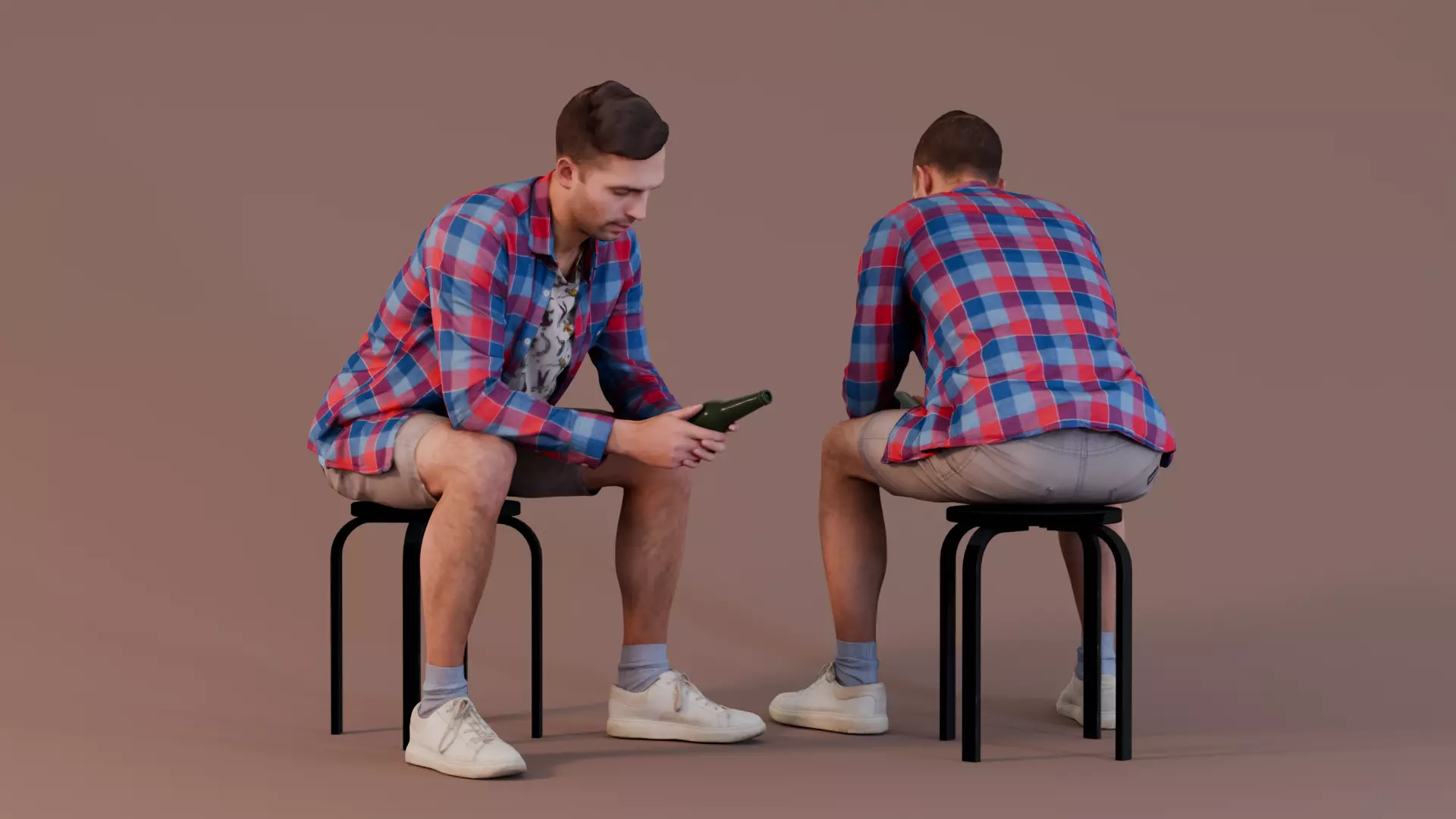 Contemplative Moment - Man in Plaid Shirt Sitting with Bottle 3D model_0