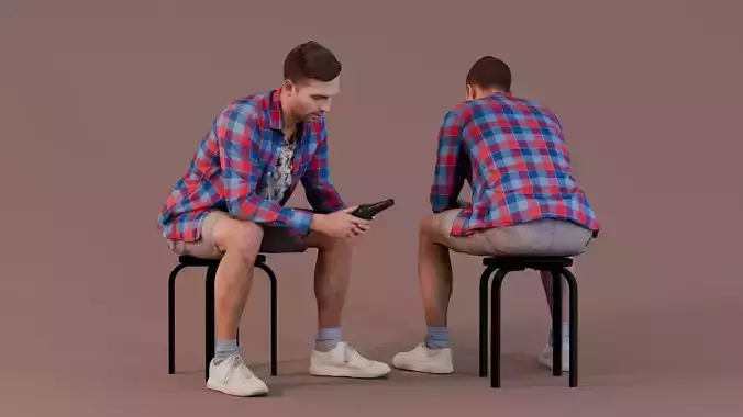 Contemplative Moment - Man in Plaid Shirt Sitting with Bottle