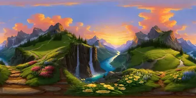 8K HDR Serene Valley with Glowing Rivers and Sparkling Flowers