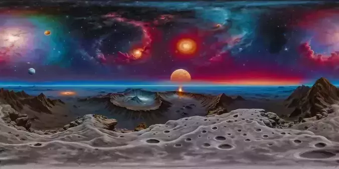 8K HDR Vast Lunar Terrain with Nebulae and Colossal Planet