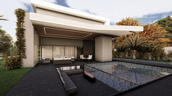 Modern Luxury Villa Fully Designed Exterior and Interior Scene Low-poly 3D model 6