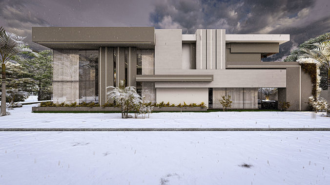 Modern Luxury Villa Fully Designed Exterior and Interior Scene Low-poly 3D model 3