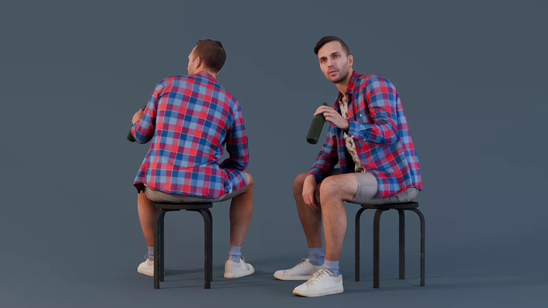 Casual Gathering - Man in Plaid Shirt with Bottle 3D model_0