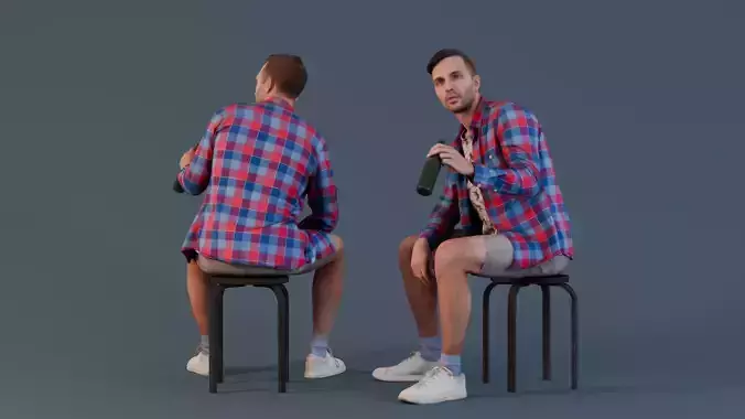 Casual Gathering - Man in Plaid Shirt with Bottle