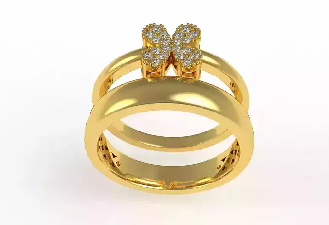 Flower Solitaire Ring with Puffy Wedding Band