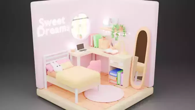 Isometric lowpoly pink 3d Bedroom for girls  or boys