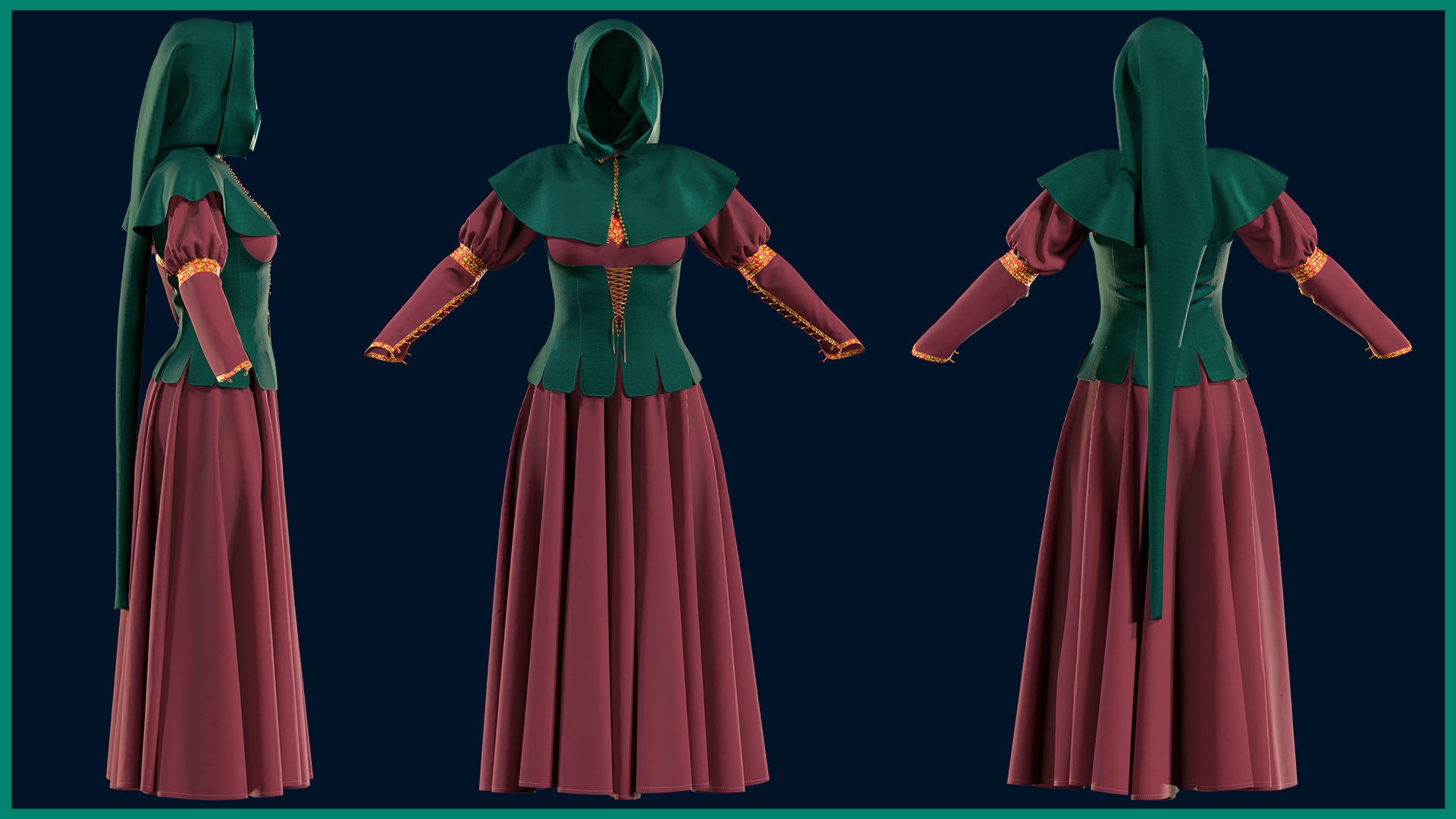 female medieval dress with texture 3D model_1