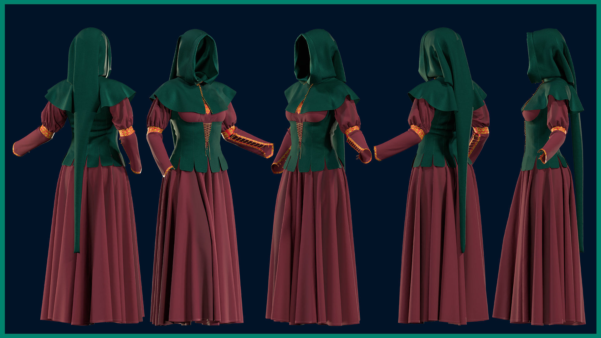 female medieval dress with texture 3D model_3